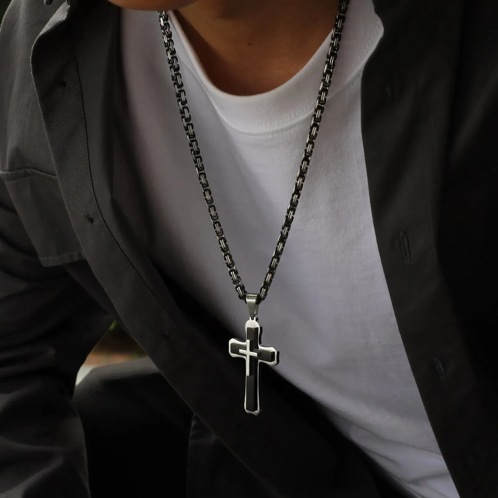 Heavy Cross Necklaces for Men Boys,Retro Byzantine Link Chain Necklace