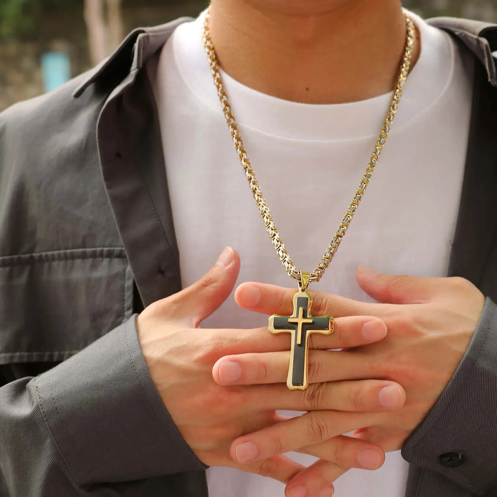 Heavy Cross Necklaces for Men Boys,Retro Byzantine Link Chain Necklace