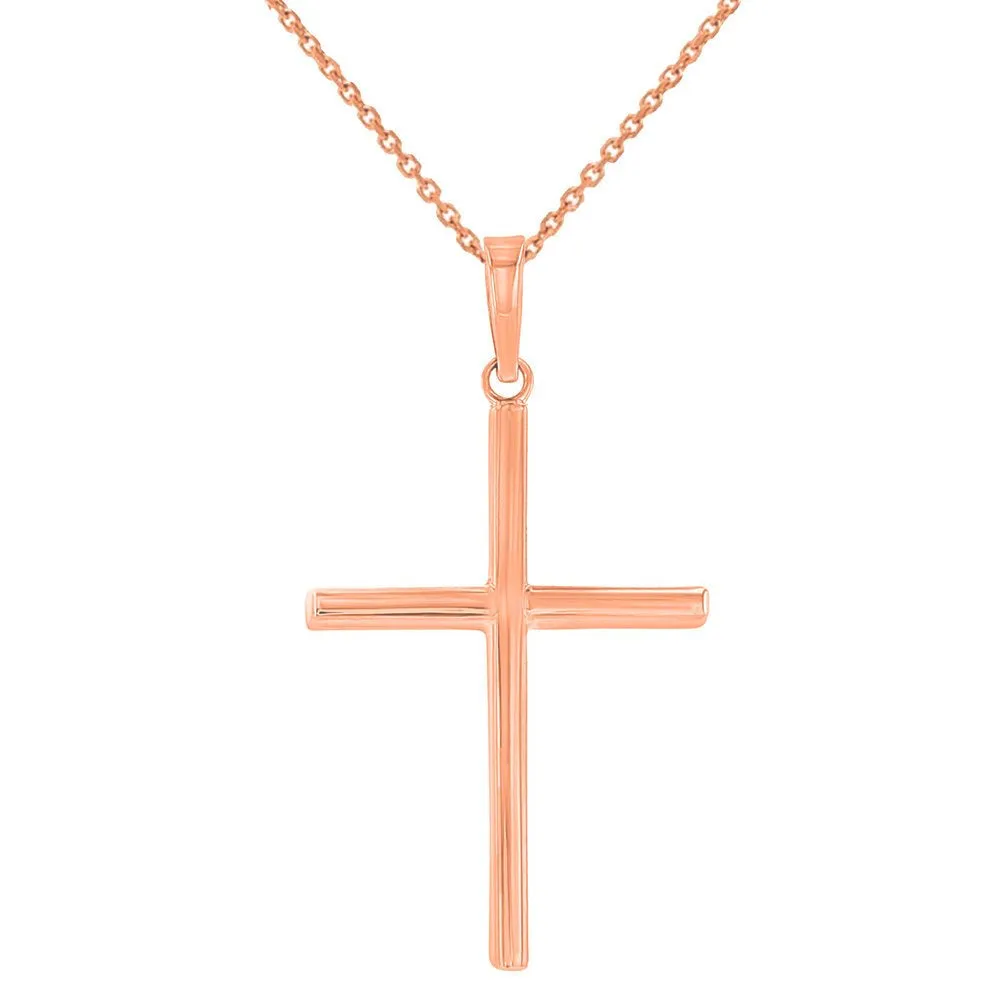 High Polished 14K Gold Plain Slender Cross Pendant with Chain Necklace - Rose Gold