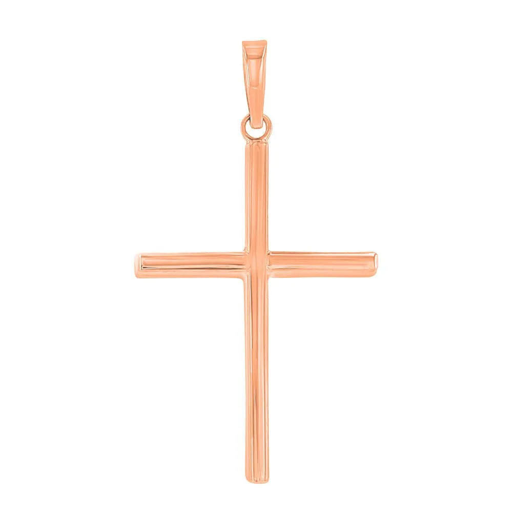 High Polished 14K Gold Plain Slender Cross Pendant with Chain Necklace - Rose Gold