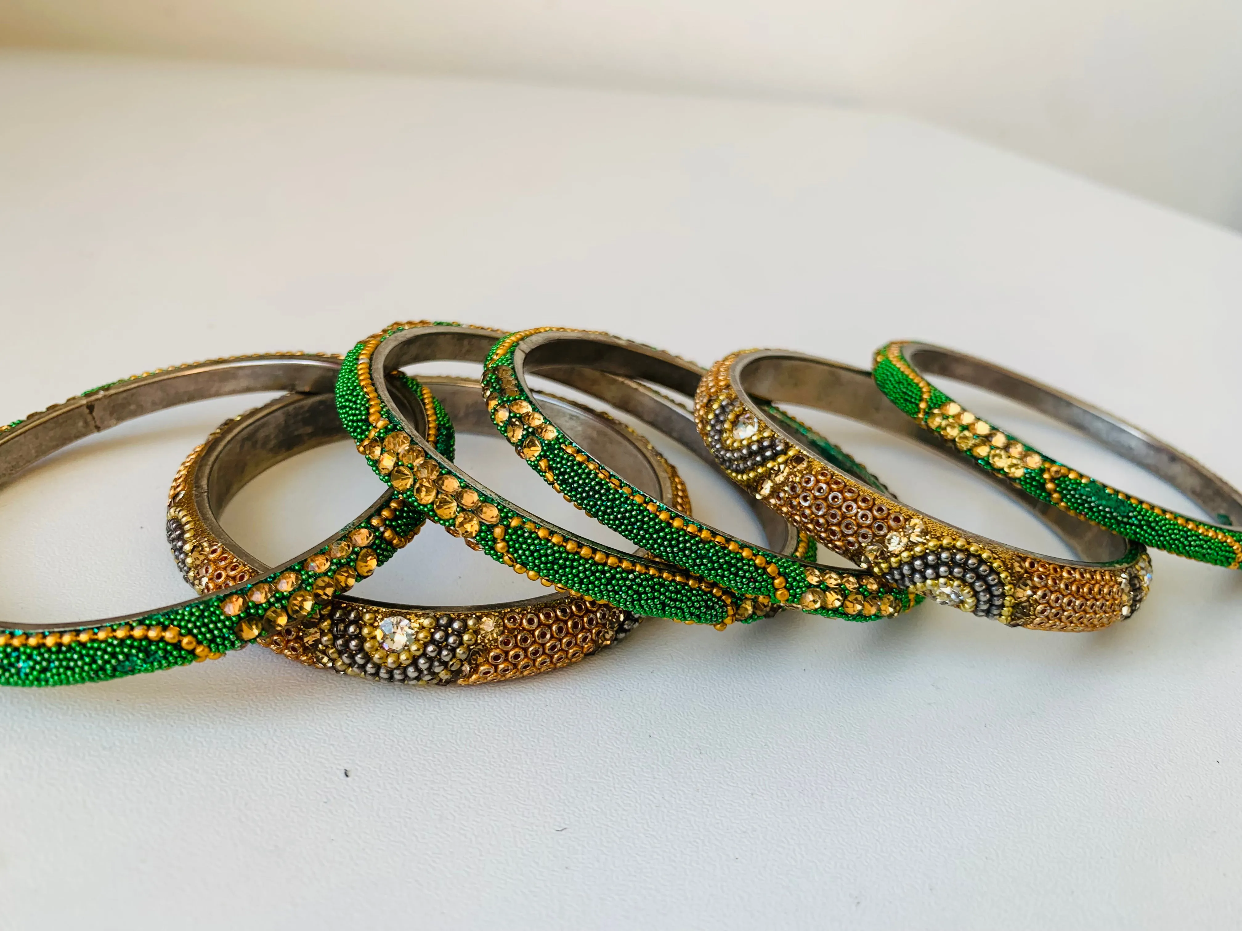 Indian Inspired Green & Gold Set of 6 Beaded/Rhinestone Bangle Bracelets