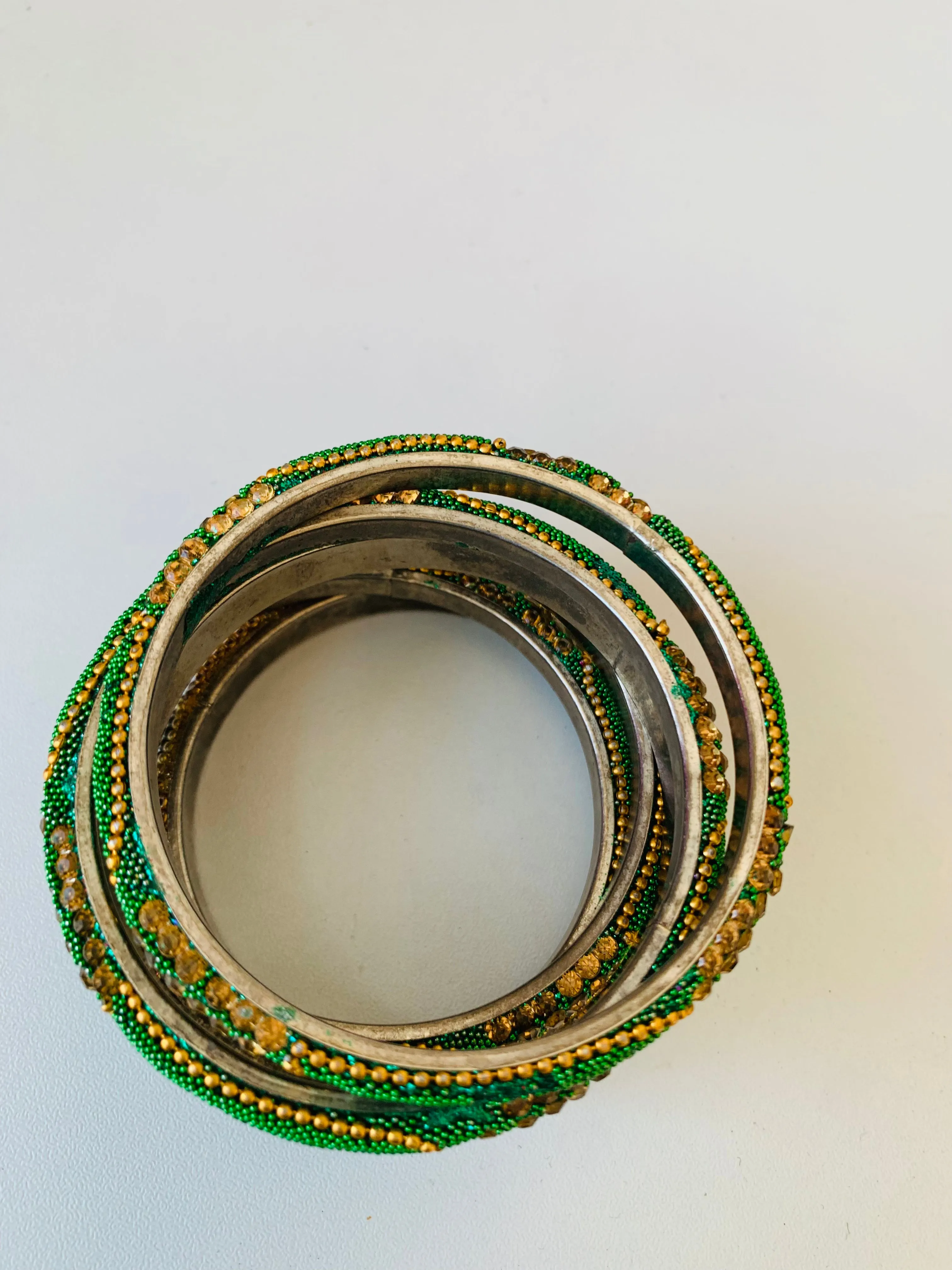 Indian Inspired Green & Gold Set of 6 Beaded/Rhinestone Bangle Bracelets