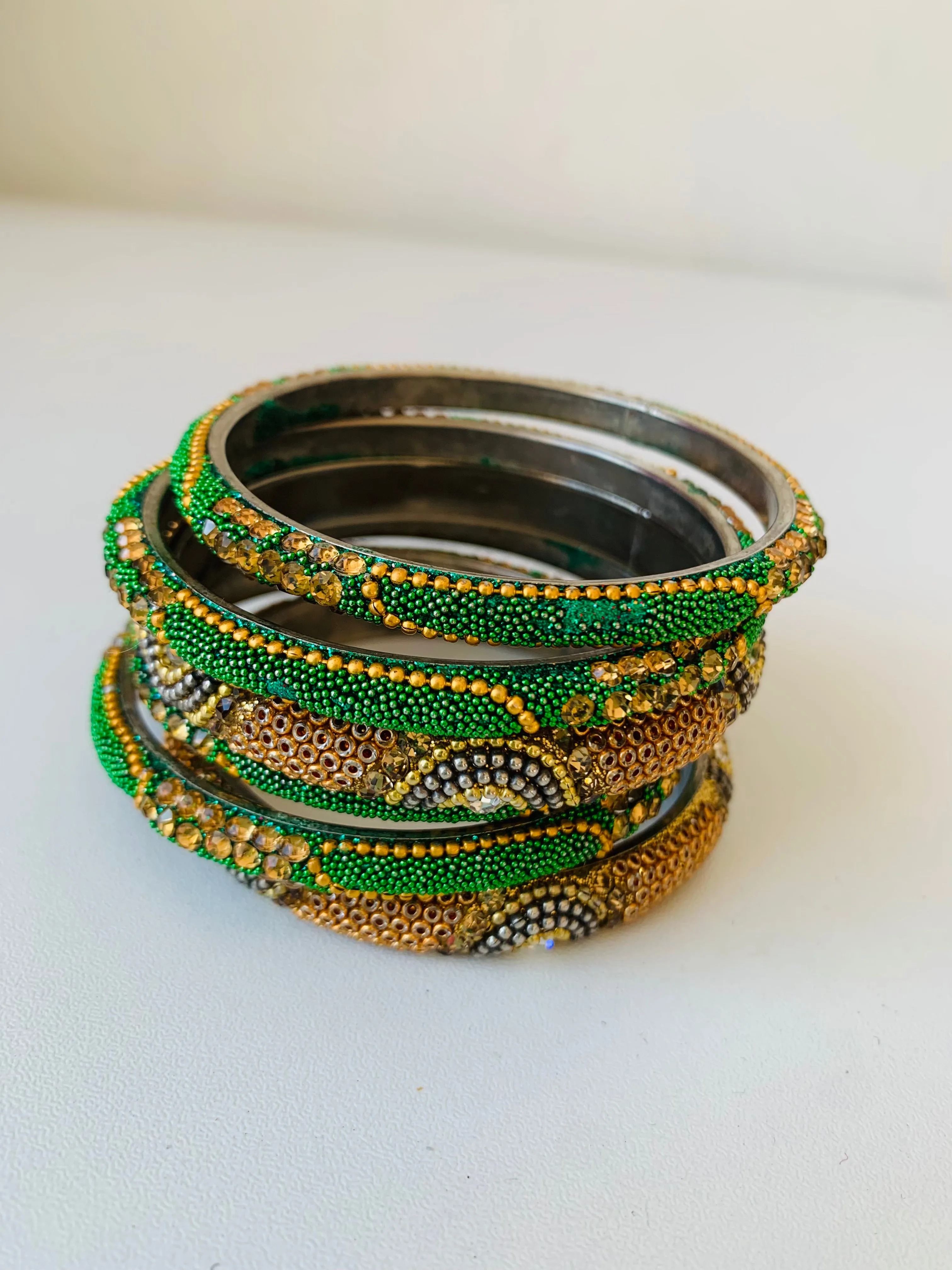 Indian Inspired Green & Gold Set of 6 Beaded/Rhinestone Bangle Bracelets