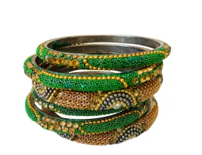 Indian Inspired Green & Gold Set of 6 Beaded/Rhinestone Bangle Bracelets