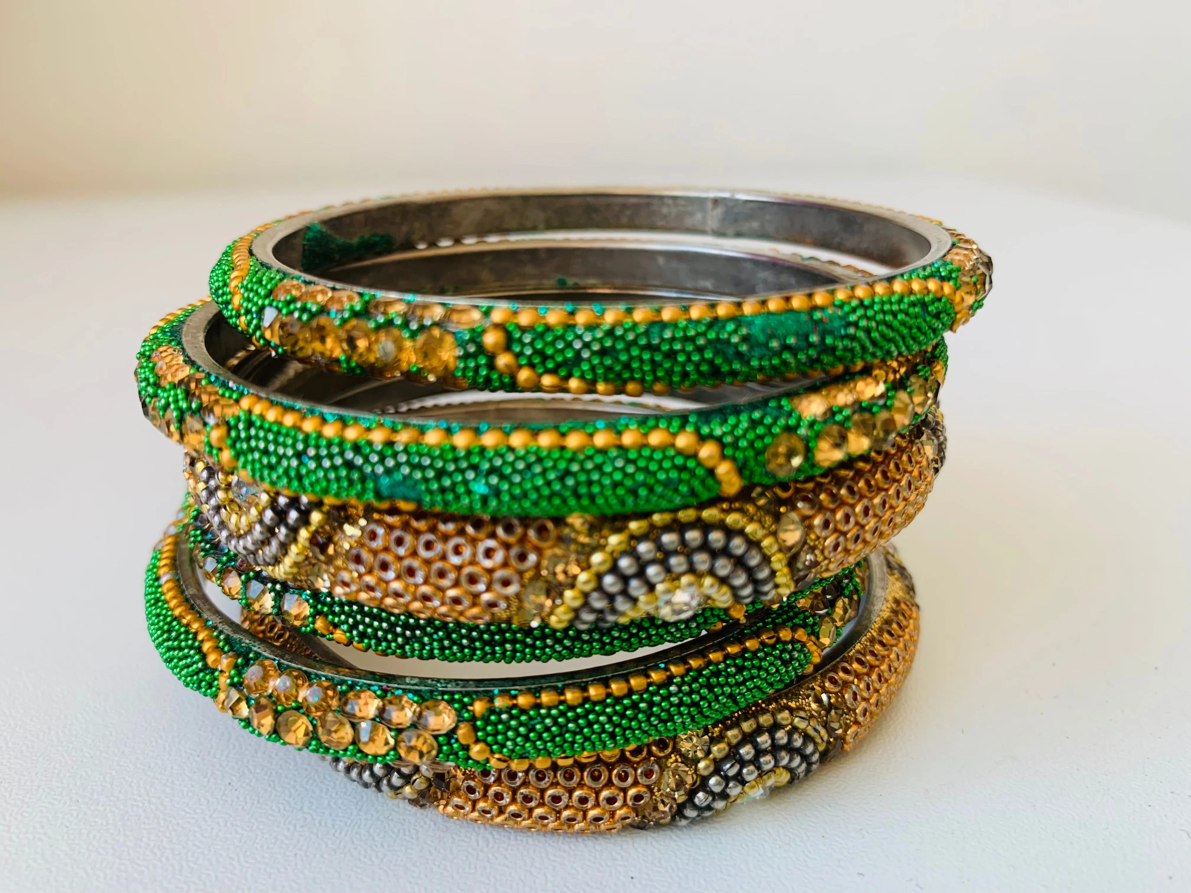 Indian Inspired Green & Gold Set of 6 Beaded/Rhinestone Bangle Bracelets
