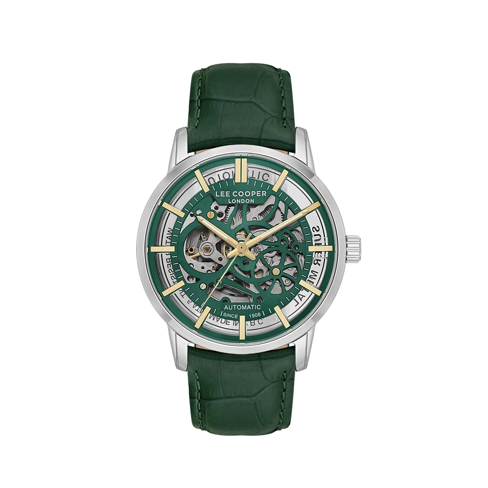 Lee Cooper Men's Automatic Watch Analog Green Dial with Green Leather Strap, LC08035.377