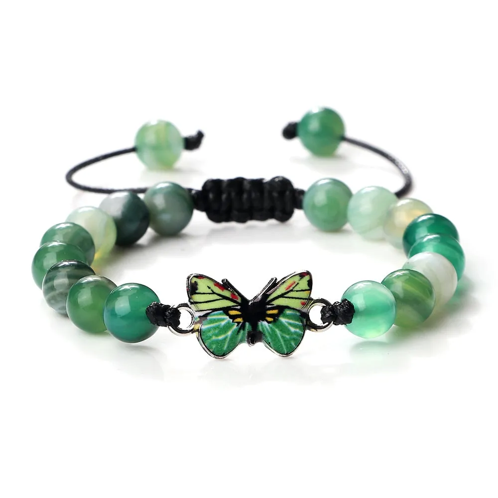 Men Natural Stone Bracelets Black Lava Tiger Eye Stone Bangles Charm Green Butterfly Pendant Bracelet