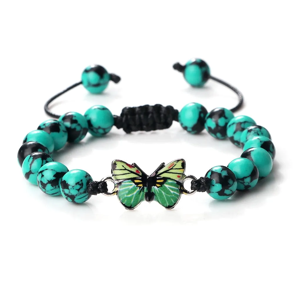 Men Natural Stone Bracelets Black Lava Tiger Eye Stone Bangles Charm Green Butterfly Pendant Bracelet