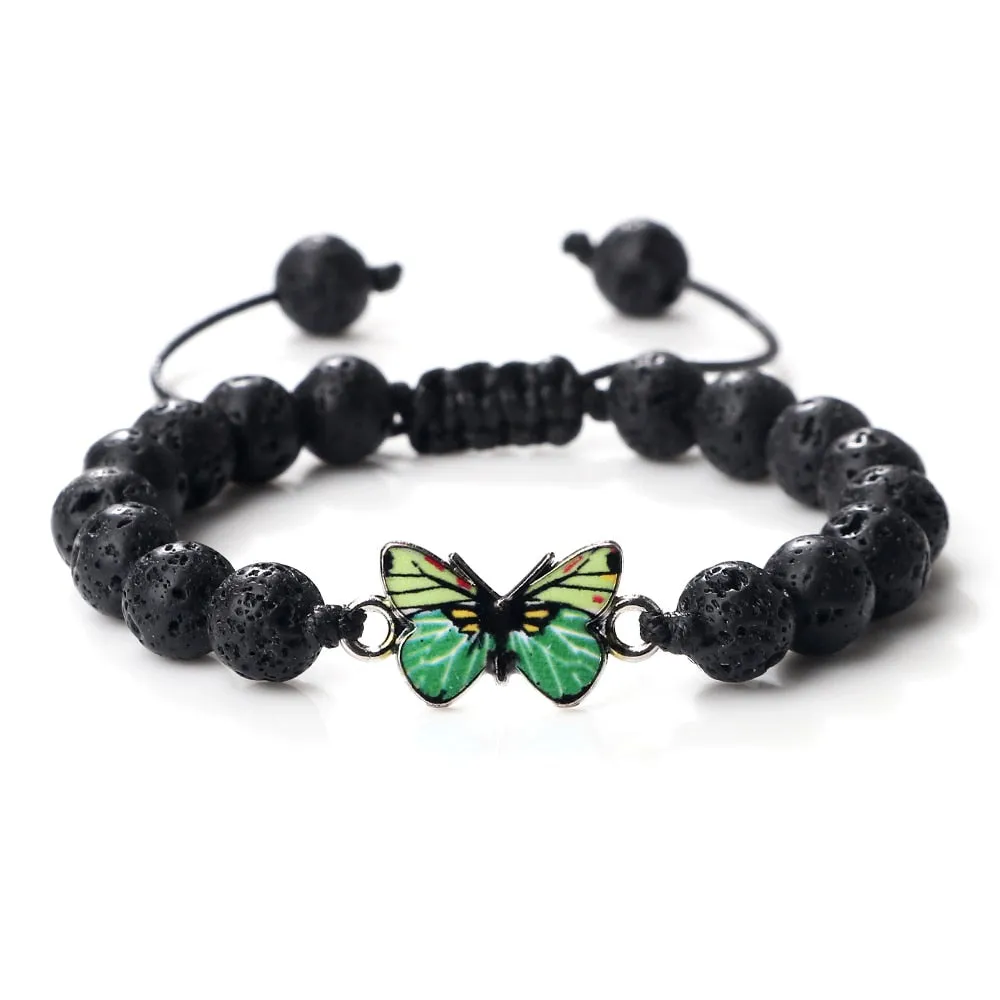 Men Natural Stone Bracelets Black Lava Tiger Eye Stone Bangles Charm Green Butterfly Pendant Bracelet