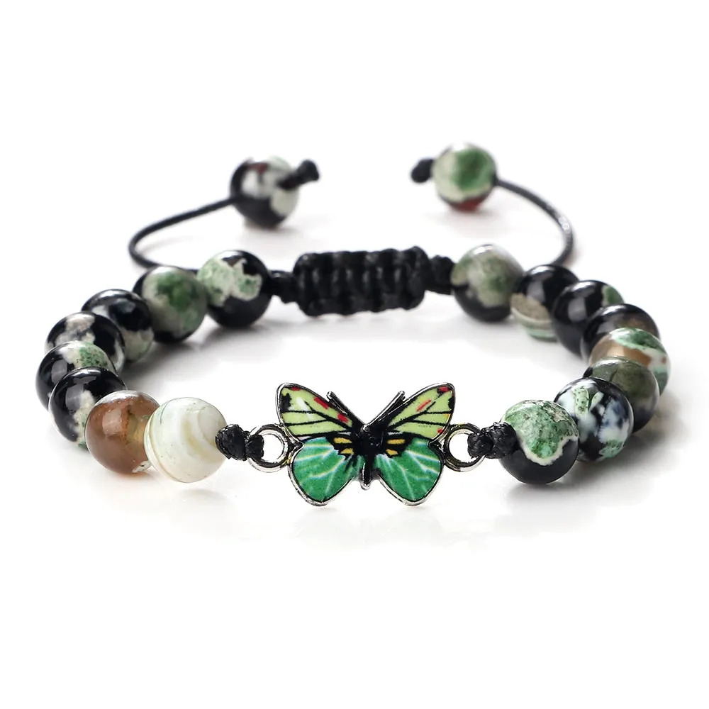 Men Natural Stone Bracelets Black Lava Tiger Eye Stone Bangles Charm Green Butterfly Pendant Bracelet