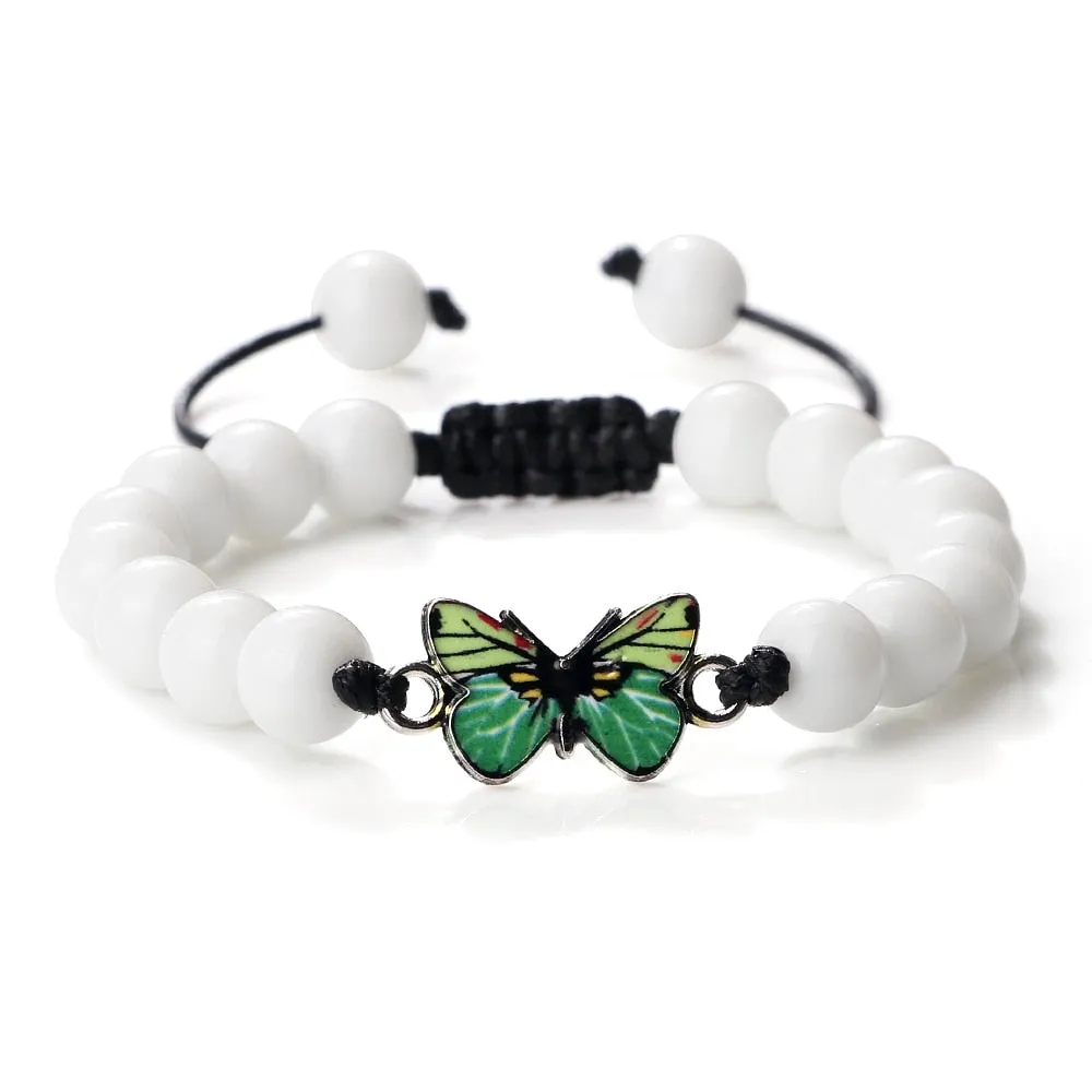 Men Natural Stone Bracelets Black Lava Tiger Eye Stone Bangles Charm Green Butterfly Pendant Bracelet