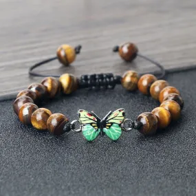 Men Natural Stone Bracelets Black Lava Tiger Eye Stone Bangles Charm Green Butterfly Pendant Bracelet
