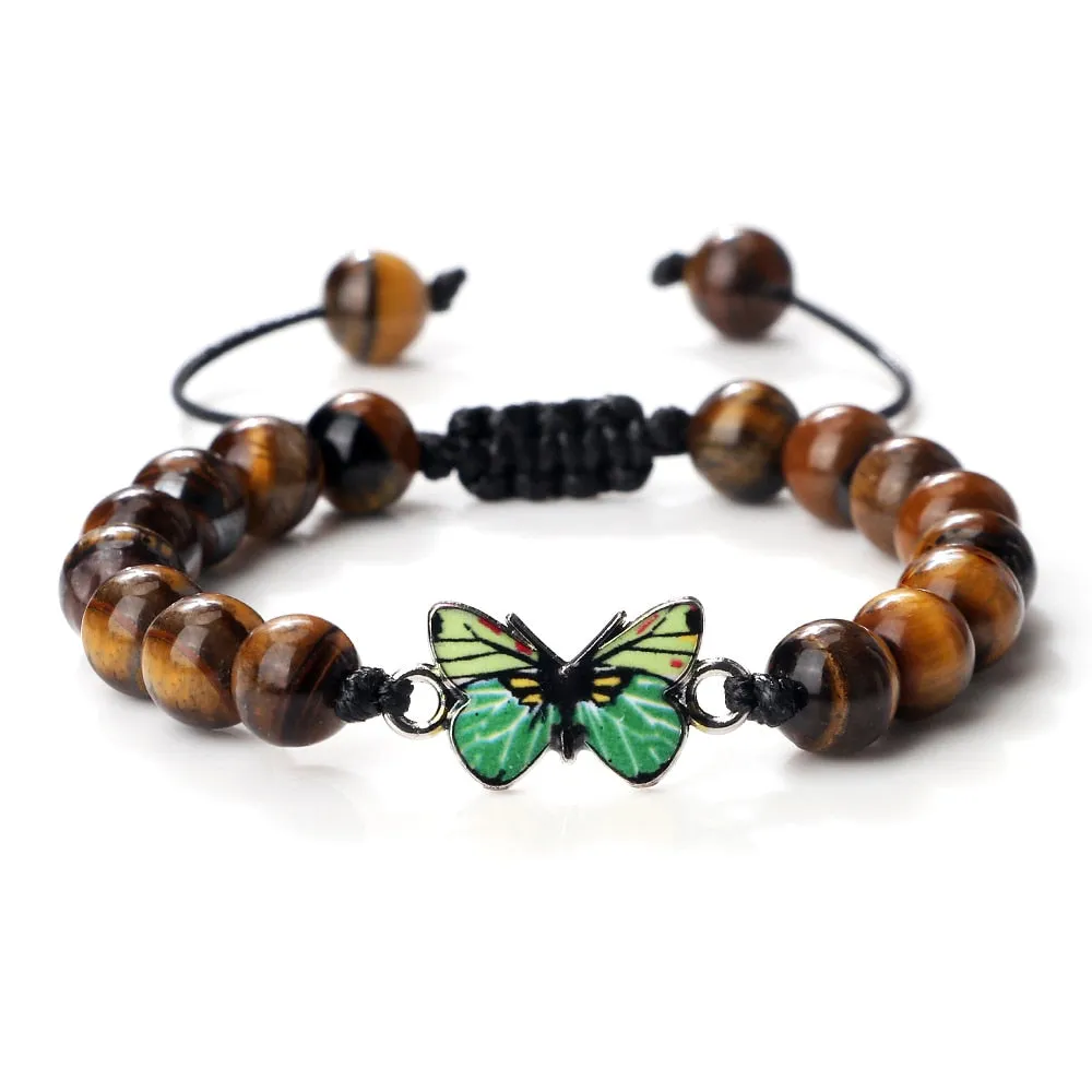 Men Natural Stone Bracelets Black Lava Tiger Eye Stone Bangles Charm Green Butterfly Pendant Bracelet