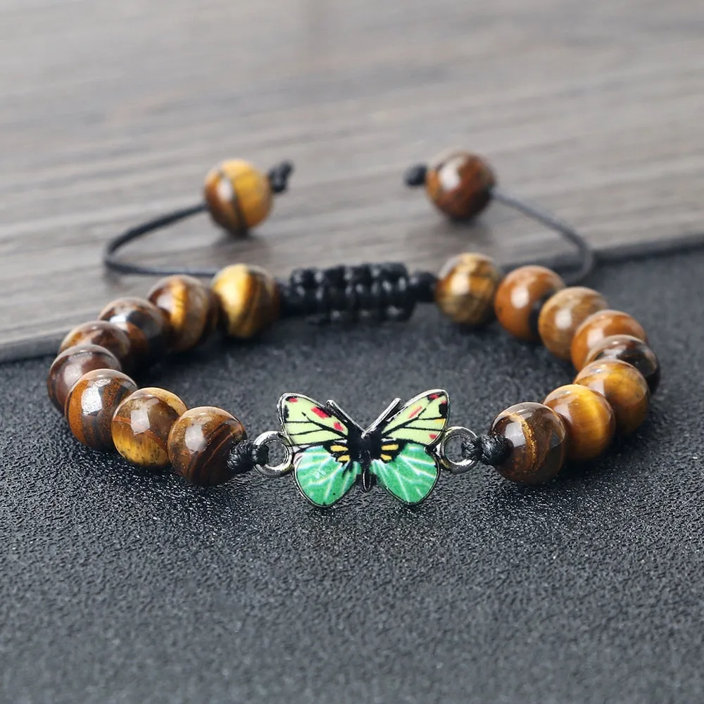 Men Natural Stone Bracelets Black Lava Tiger Eye Stone Bangles Charm Green Butterfly Pendant Bracelet
