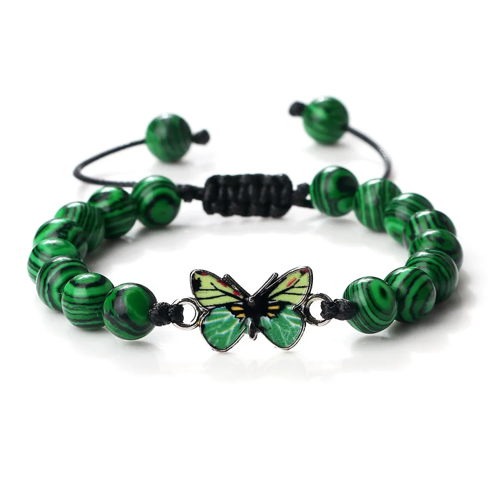 Men Natural Stone Bracelets Black Lava Tiger Eye Stone Bangles Charm Green Butterfly Pendant Bracelet
