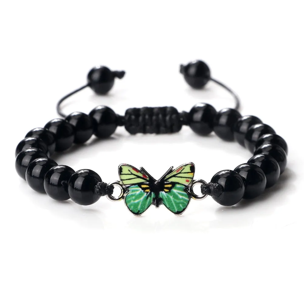 Men Natural Stone Bracelets Black Lava Tiger Eye Stone Bangles Charm Green Butterfly Pendant Bracelet