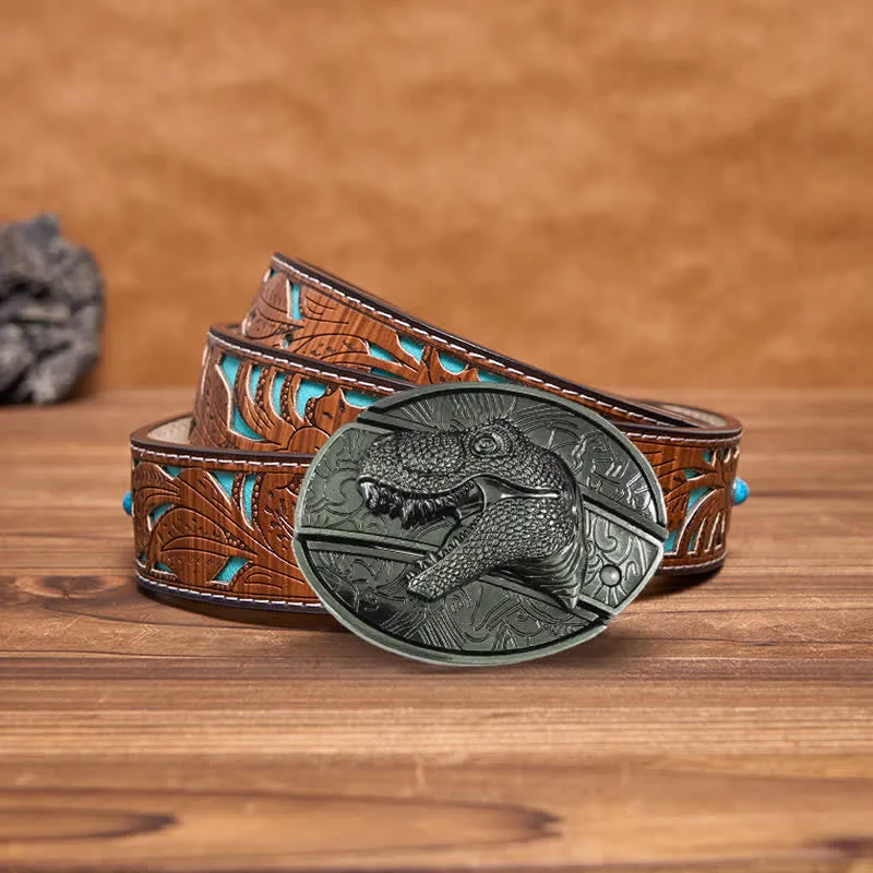 Men's DIY Dinosaur Hidden Folding Knife Leather Belt
