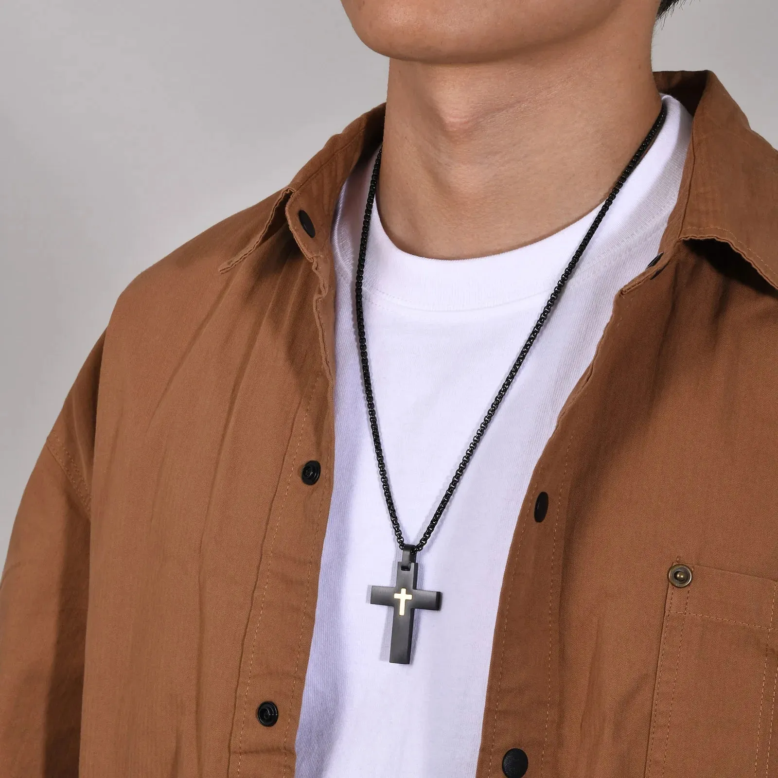 Mens Double Layer Cross Necklaces, Waterproof Stainless Steel Religious Pendant