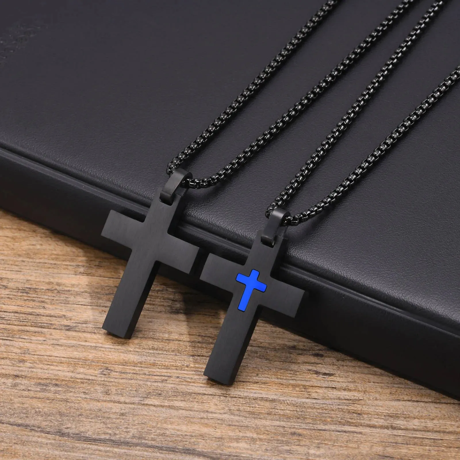 Mens Double Layer Cross Necklaces, Waterproof Stainless Steel Religious Pendant