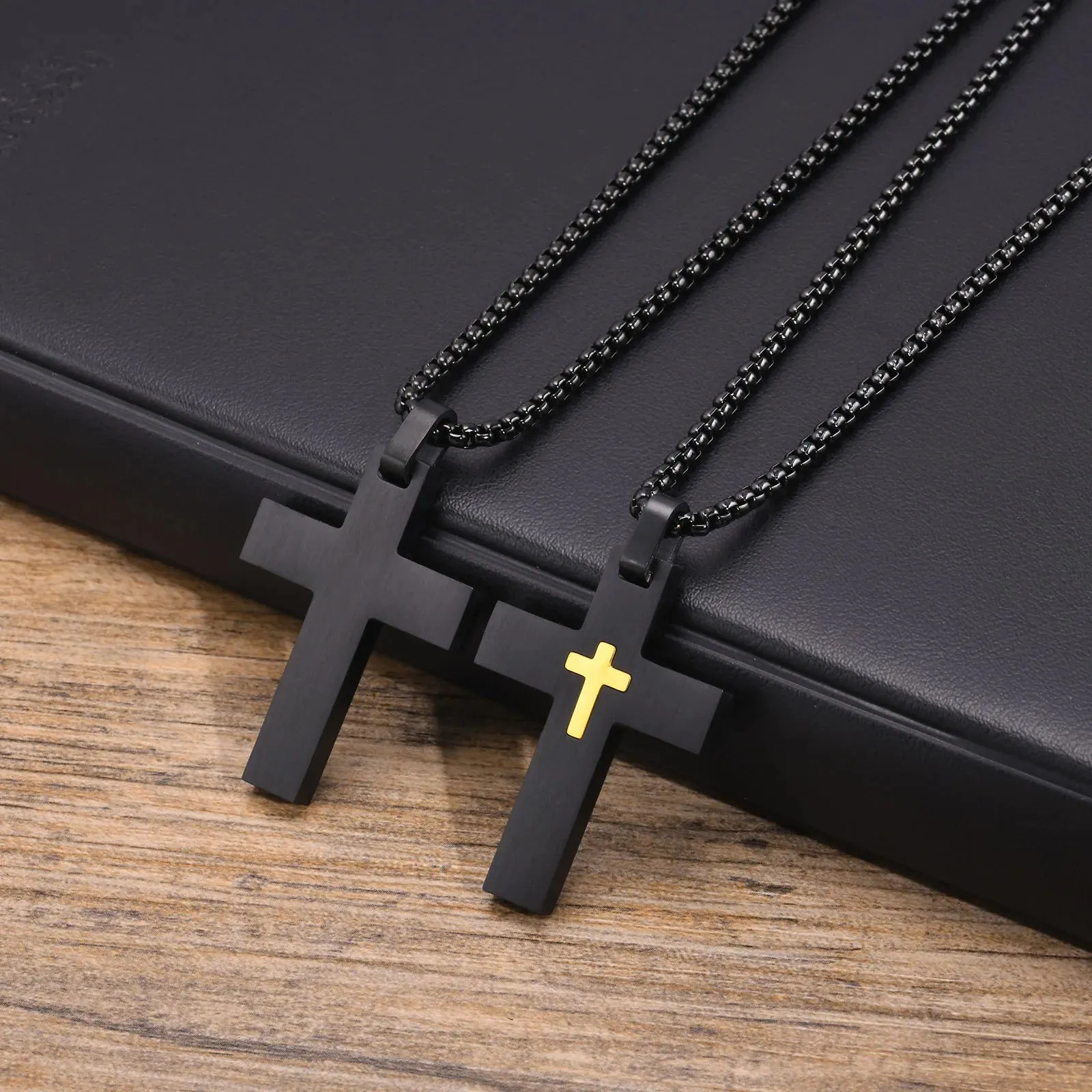 Mens Double Layer Cross Necklaces, Waterproof Stainless Steel Religious Pendant