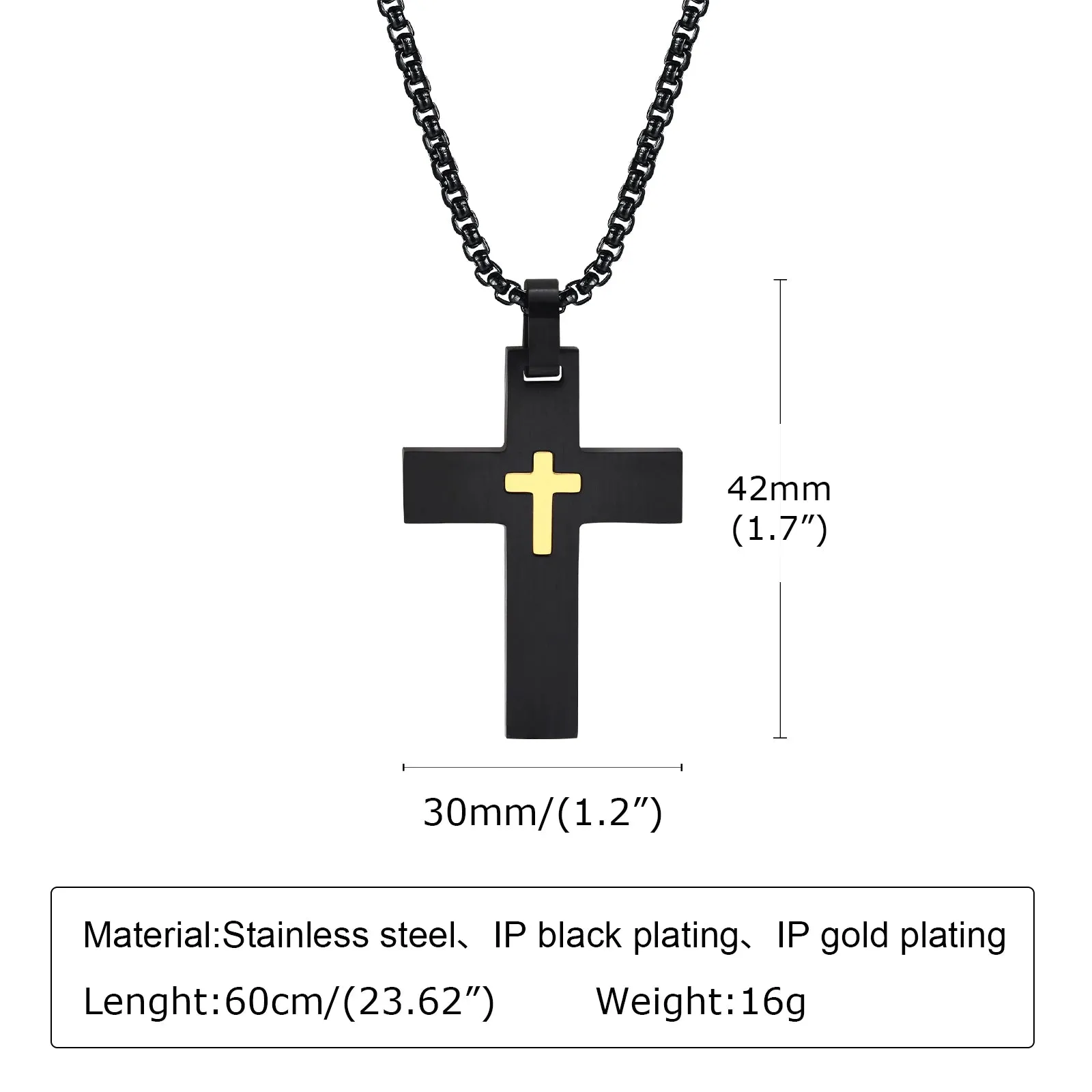 Mens Double Layer Cross Necklaces, Waterproof Stainless Steel Religious Pendant
