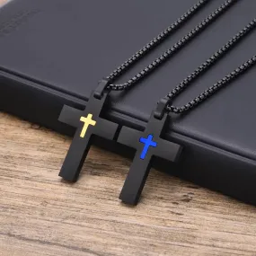 Mens Double Layer Cross Necklaces, Waterproof Stainless Steel Religious Pendant