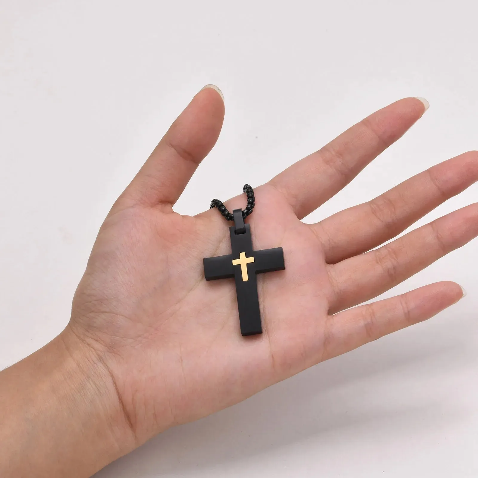 Mens Double Layer Cross Necklaces, Waterproof Stainless Steel Religious Pendant