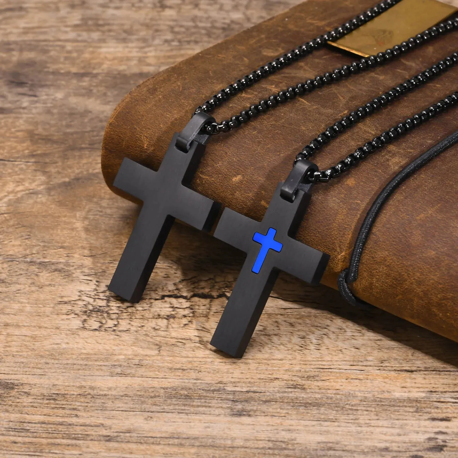Mens Double Layer Cross Necklaces, Waterproof Stainless Steel Religious Pendant