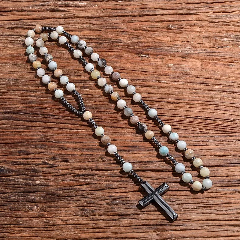 Natural 8mm Amazonite Beads Catholic Christ Rosary Necklaces Hematite Cross Pendant