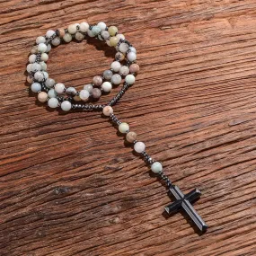 Natural 8mm Amazonite Beads Catholic Christ Rosary Necklaces Hematite Cross Pendant