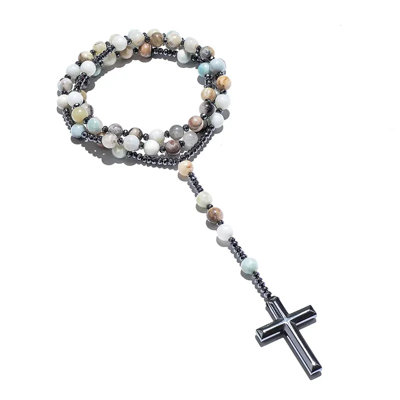 Natural 8mm Amazonite Beads Catholic Christ Rosary Necklaces Hematite Cross Pendant
