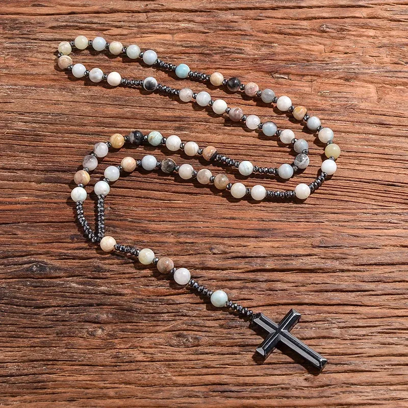 Natural 8mm Amazonite Beads Catholic Christ Rosary Necklaces Hematite Cross Pendant