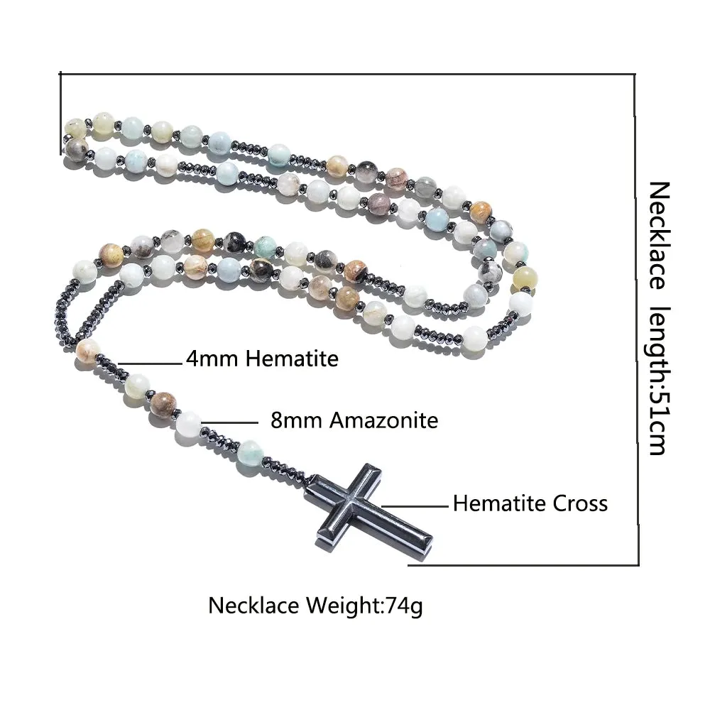 Natural 8mm Amazonite Beads Catholic Christ Rosary Necklaces Hematite Cross Pendant