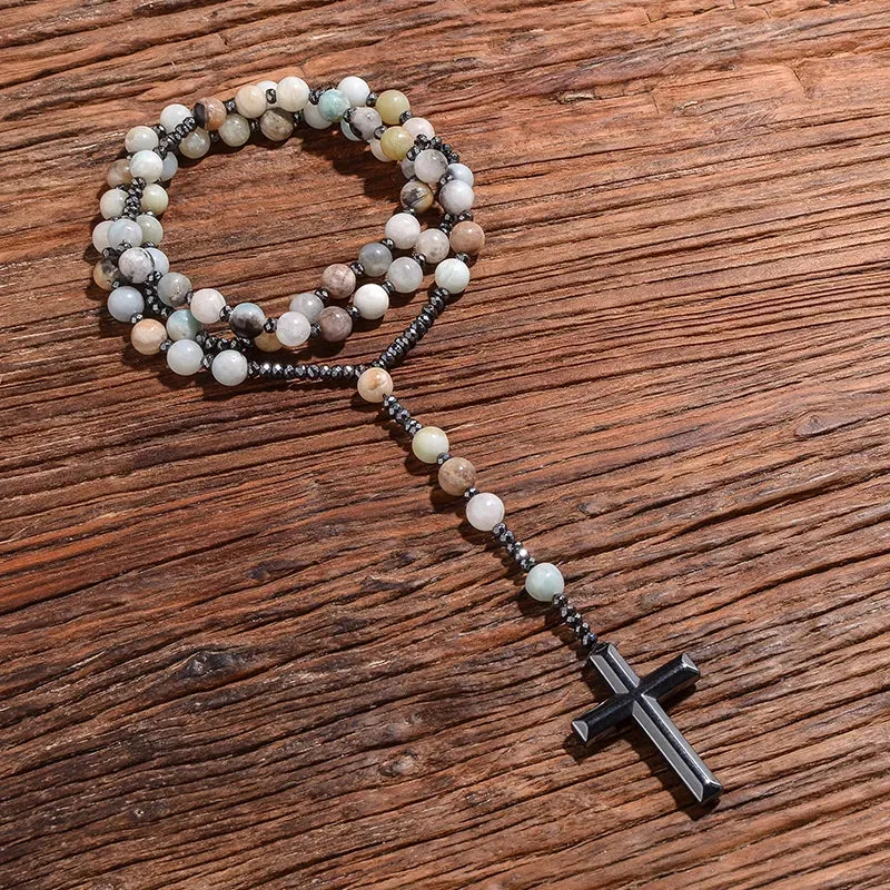 Natural 8mm Amazonite Beads Catholic Christ Rosary Necklaces Hematite Cross Pendant