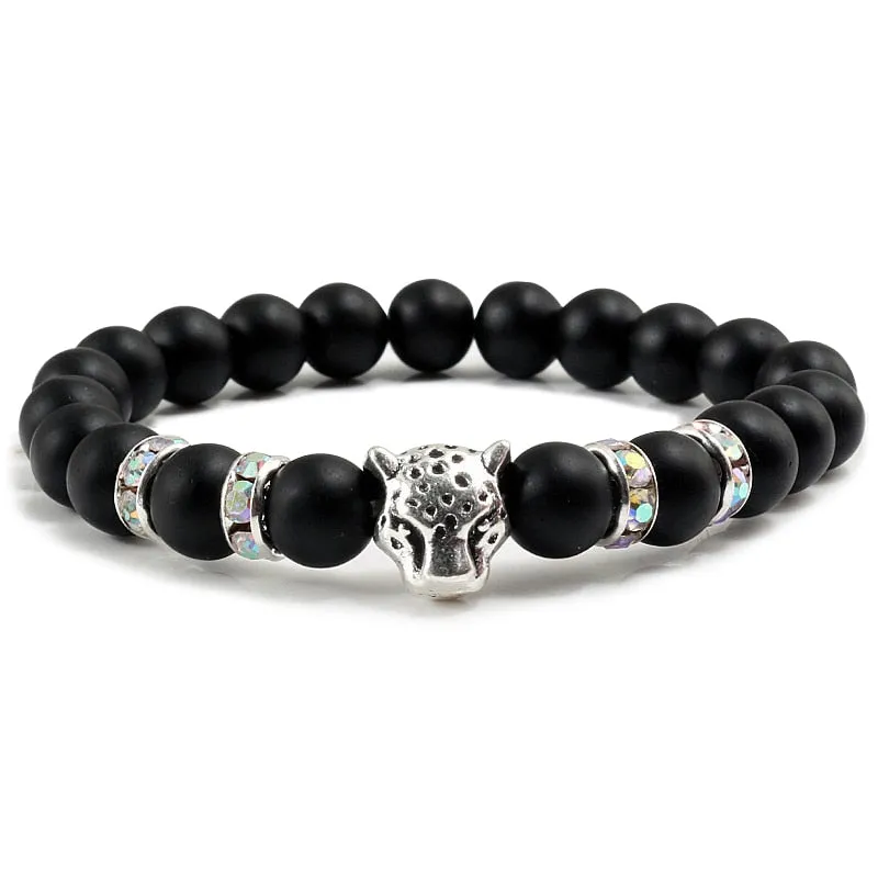 Natural Stone Men Bracelet Charm Matte Black Lava Beads Leopard Head Crystal Strand Bracelets