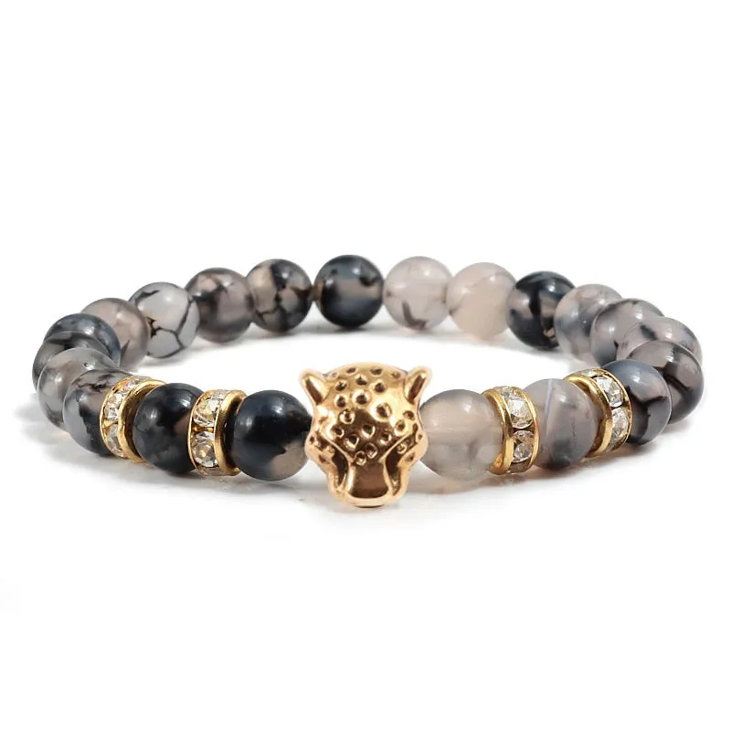 Natural Stone Men Bracelet Charm Matte Black Lava Beads Leopard Head Crystal Strand Bracelets