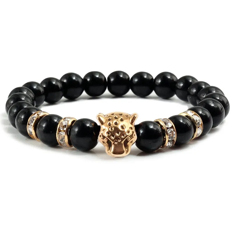 Natural Stone Men Bracelet Charm Matte Black Lava Beads Leopard Head Crystal Strand Bracelets