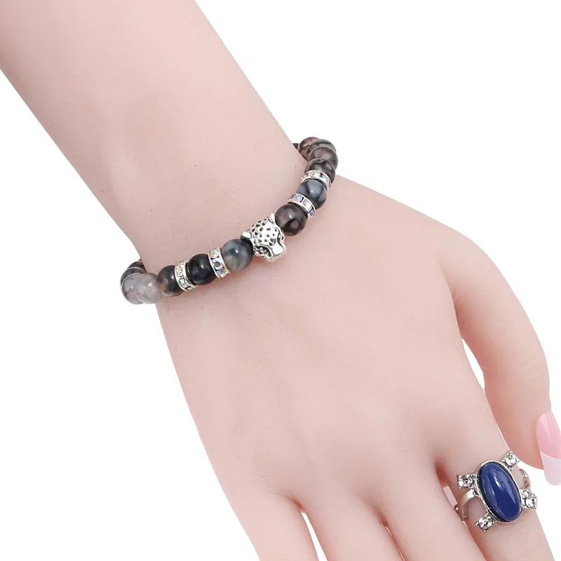 Natural Stone Men Bracelet Charm Matte Black Lava Beads Leopard Head Crystal Strand Bracelets