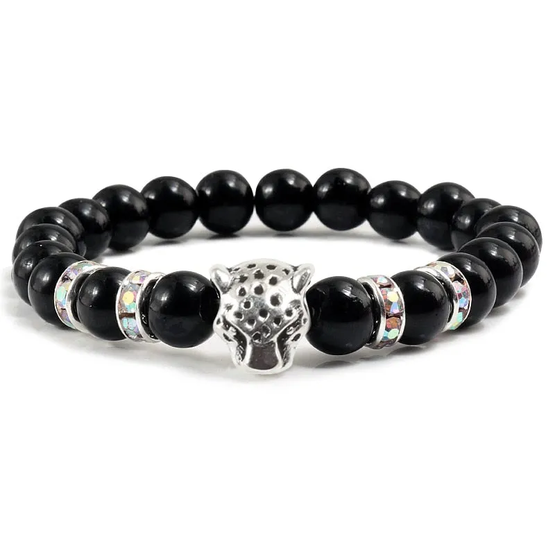 Natural Stone Men Bracelet Charm Matte Black Lava Beads Leopard Head Crystal Strand Bracelets