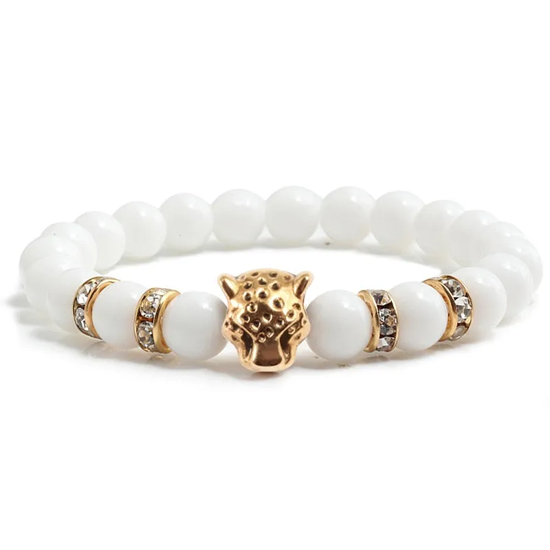 Natural Stone Men Bracelet Charm Matte Black Lava Beads Leopard Head Crystal Strand Bracelets