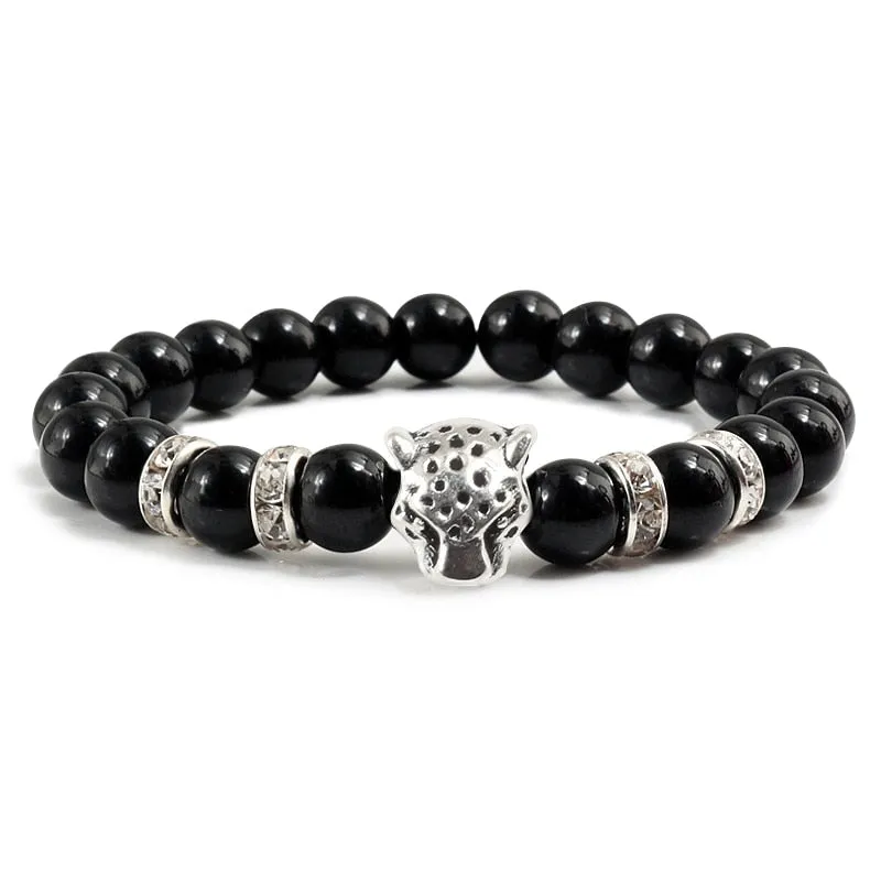 Natural Stone Men Bracelet Charm Matte Black Lava Beads Leopard Head Crystal Strand Bracelets