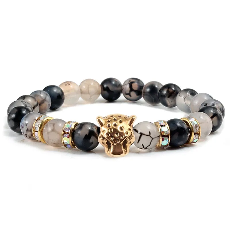 Natural Stone Men Bracelet Charm Matte Black Lava Beads Leopard Head Crystal Strand Bracelets