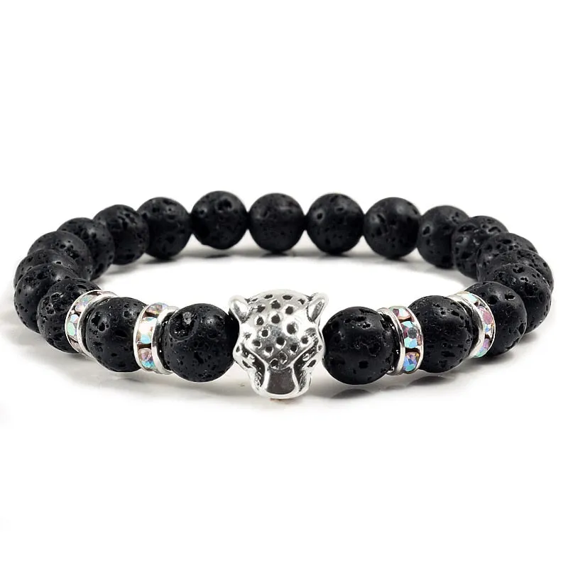 Natural Stone Men Bracelet Charm Matte Black Lava Beads Leopard Head Crystal Strand Bracelets