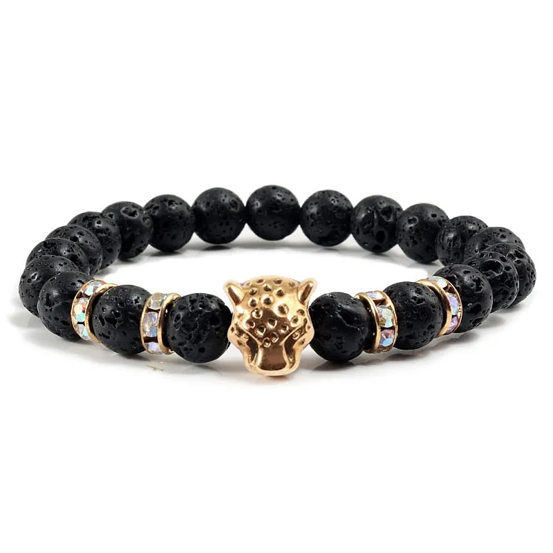 Natural Stone Men Bracelet Charm Matte Black Lava Beads Leopard Head Crystal Strand Bracelets
