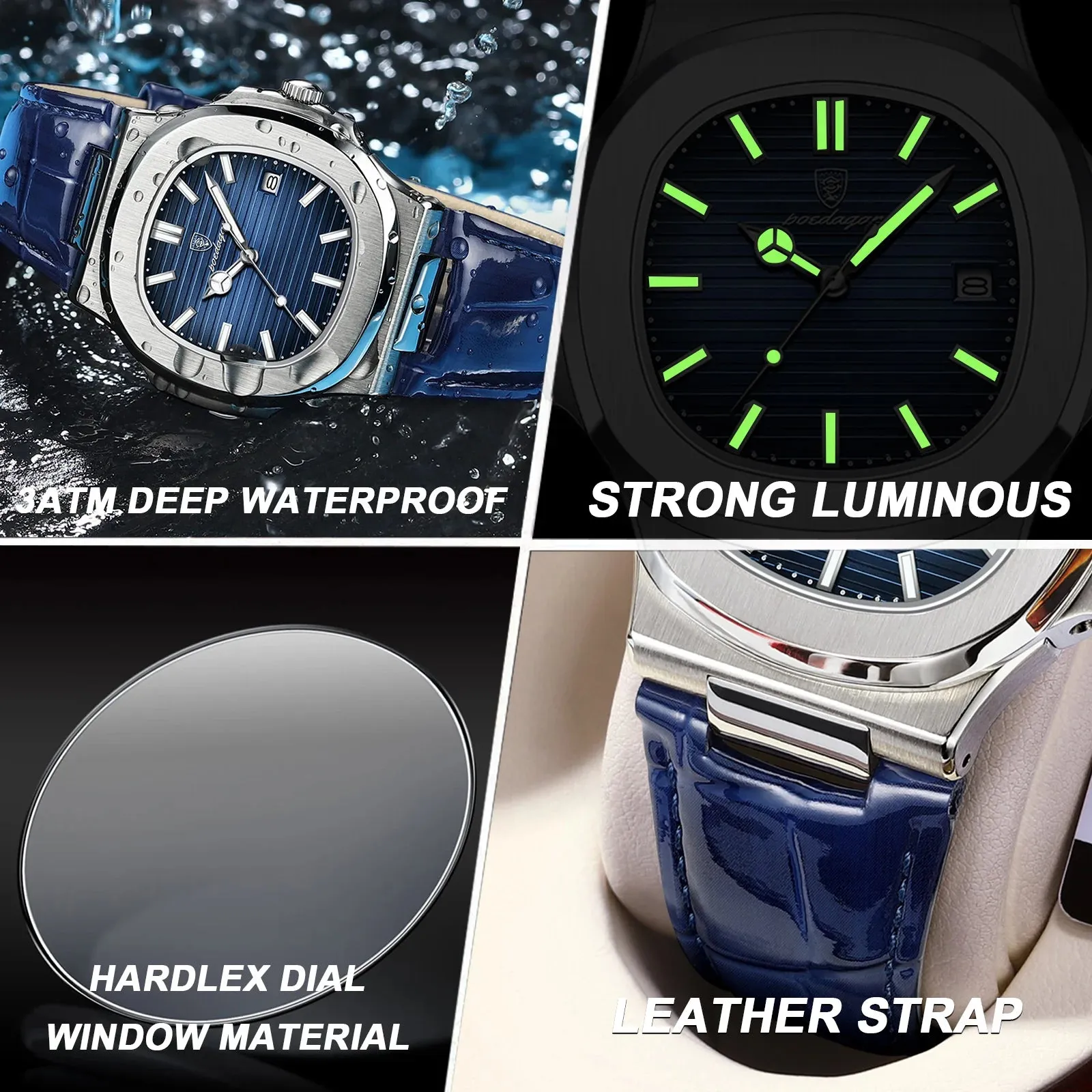 POEDAGAR Luxury Men's Waterproof Watch – Luminous, Leather Strap, Sporty & Casual