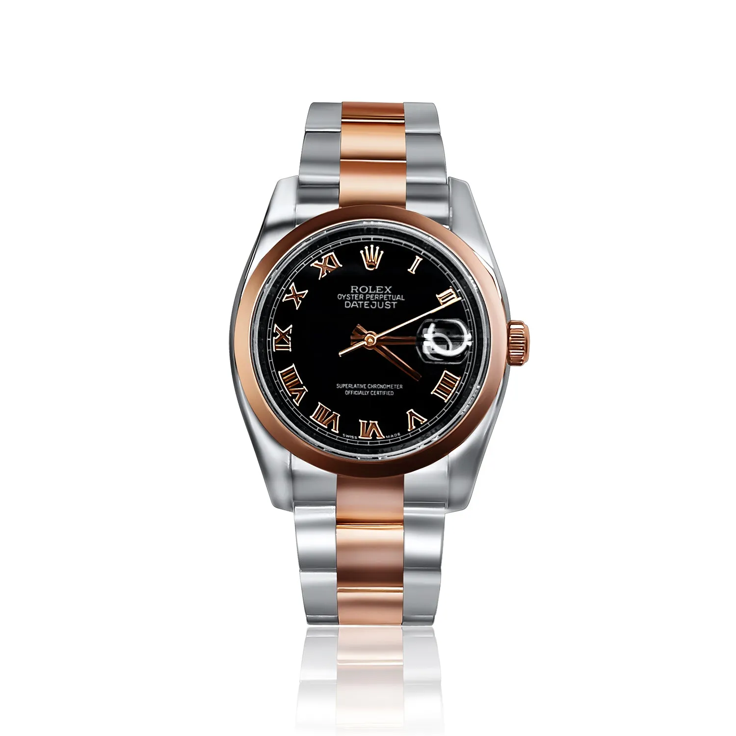 Pre-Owned Rolex Men's Datejust with Roman Black Dial Rose Gold