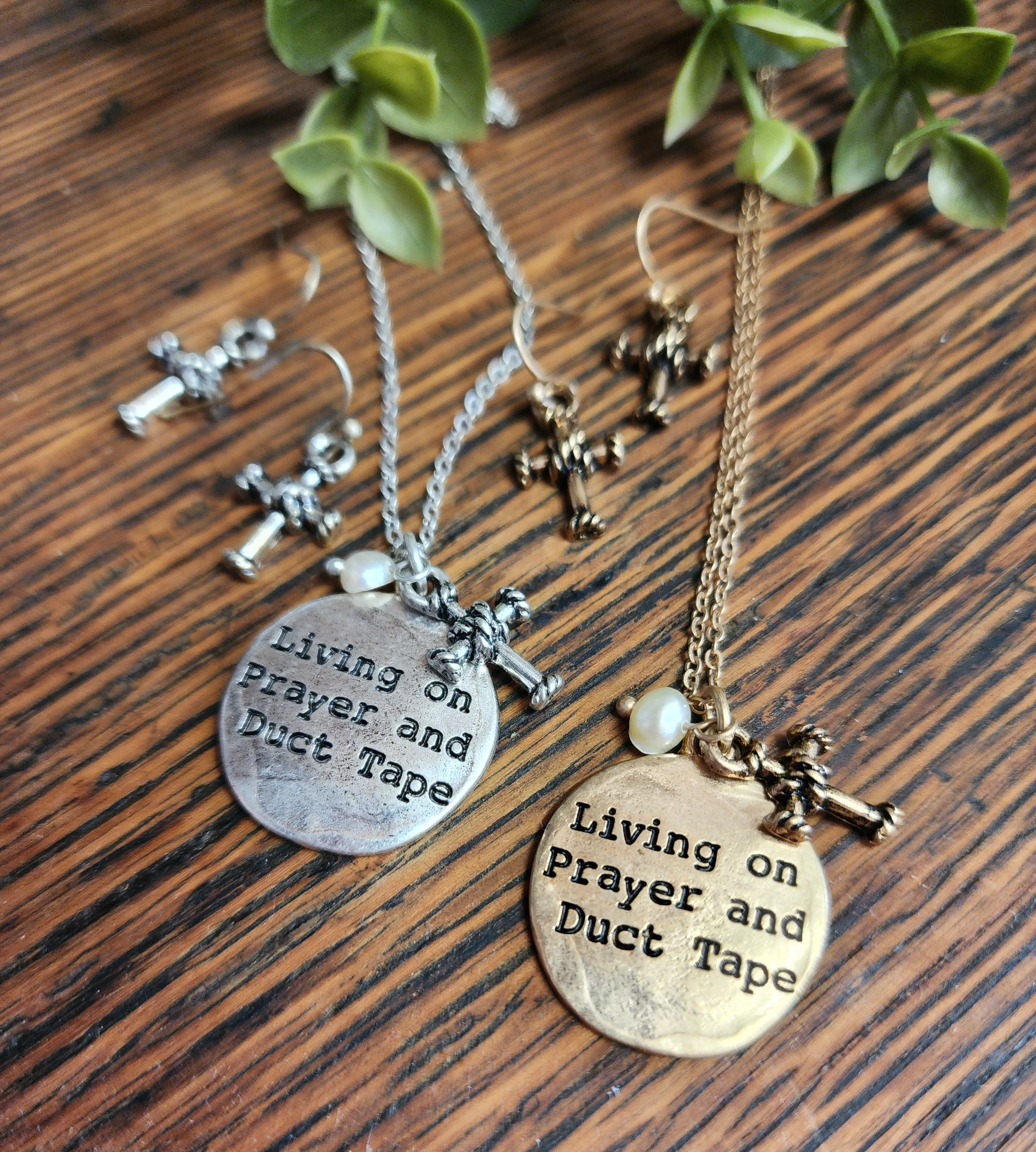 "Living on Prayer and Duct Tape" stamped necklace *