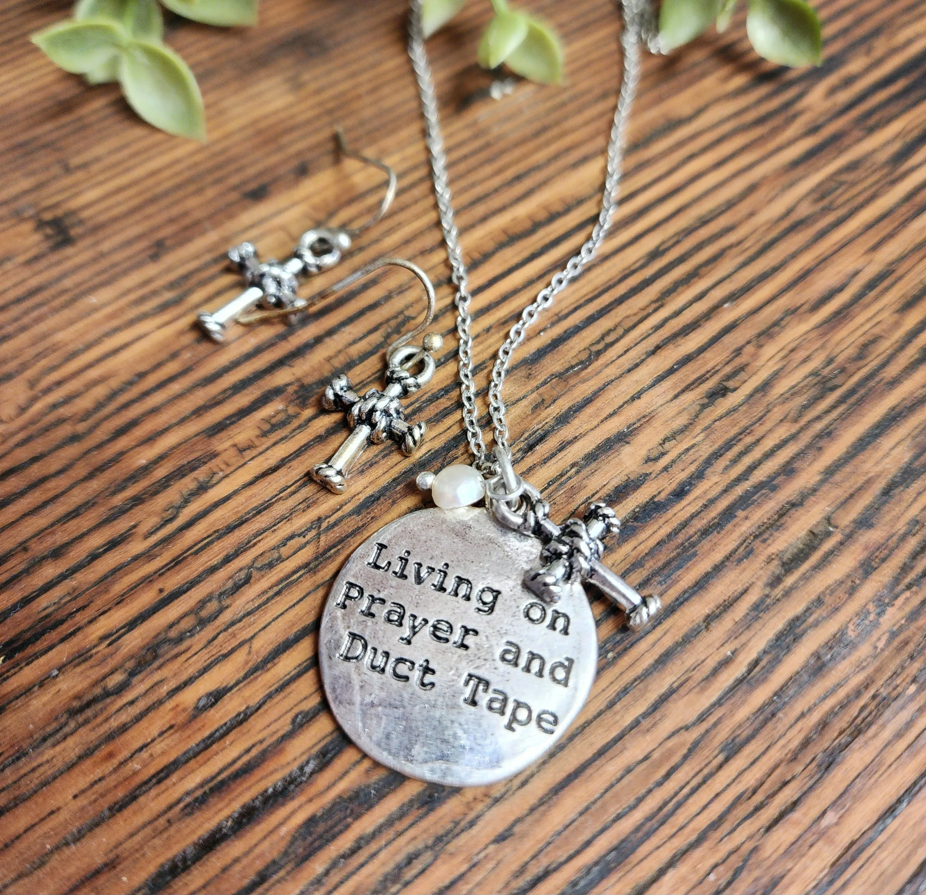 "Living on Prayer and Duct Tape" stamped necklace *