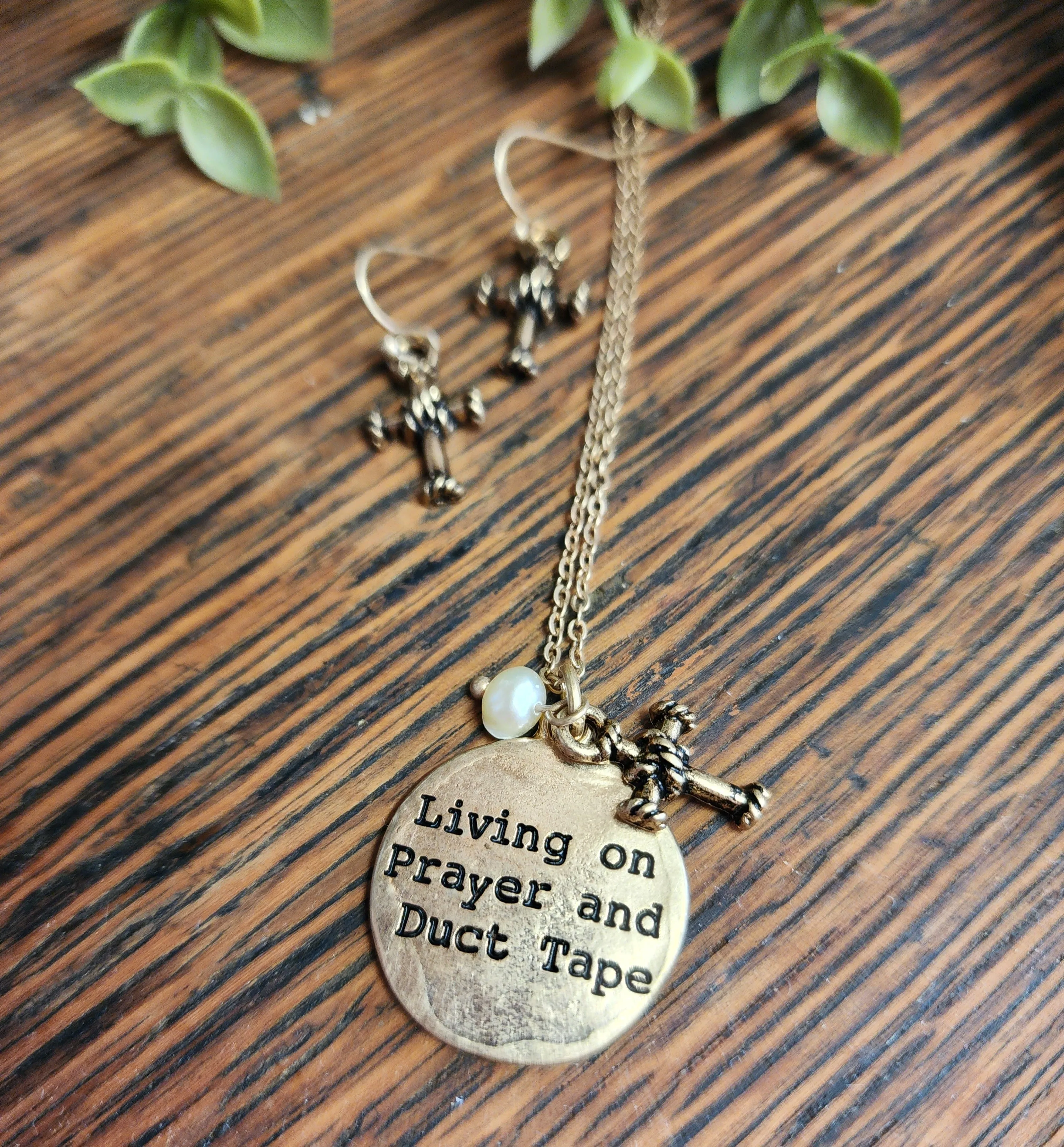 "Living on Prayer and Duct Tape" stamped necklace *