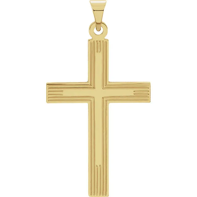 Radiant Straight Line Design Heavy Cross in Solid 14 Karat Yellow Gold